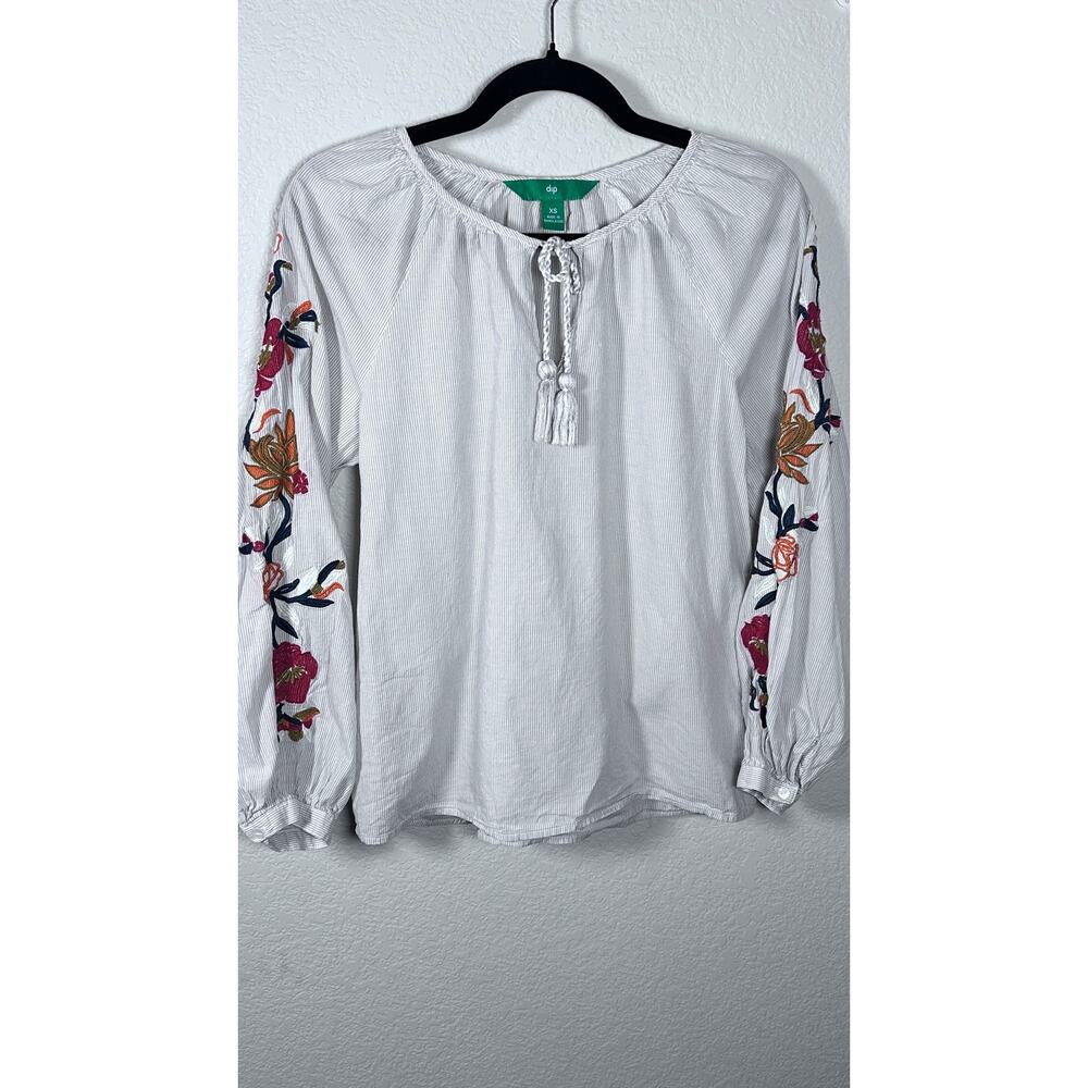 Dip Blouse XS Gray Stripe Embroidered Floral Sleeves Tie Neck Cotton